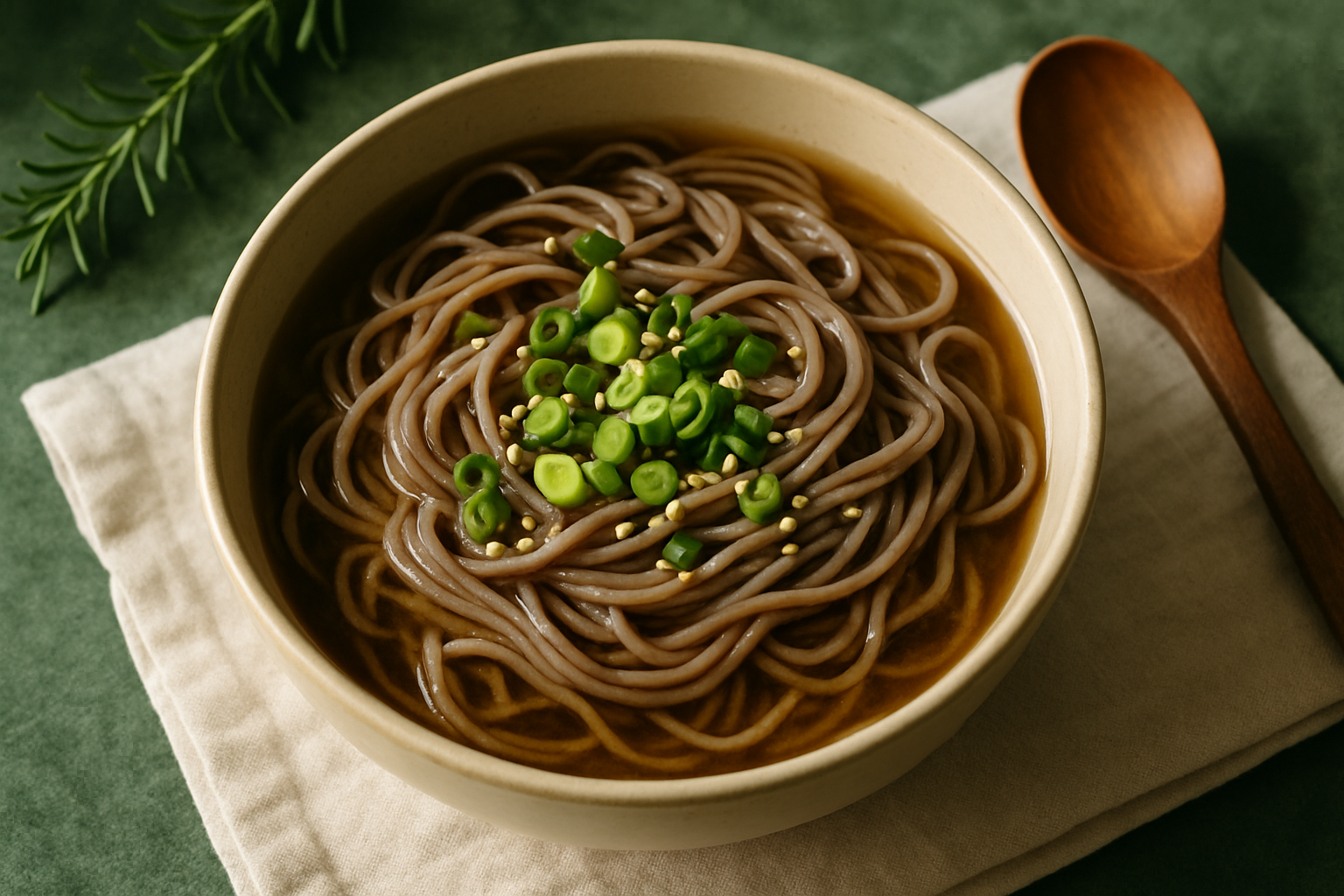 Soba noodles in a broth bowl