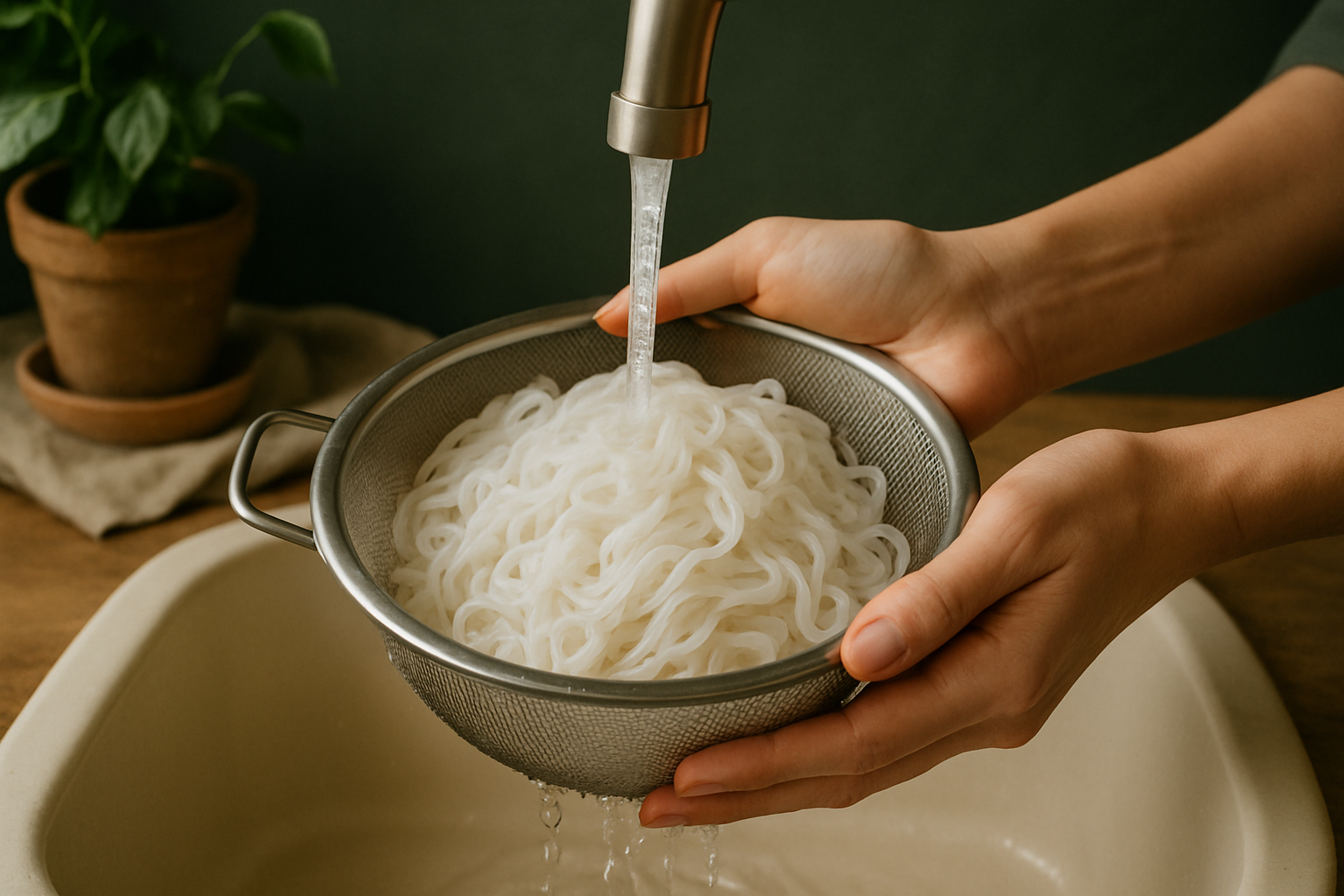 Shirataki noodles being rinsed in a colander