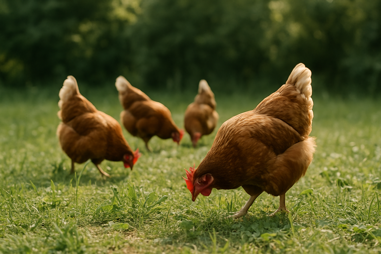 Pasture-raised hens grazing on green grass under sunlight