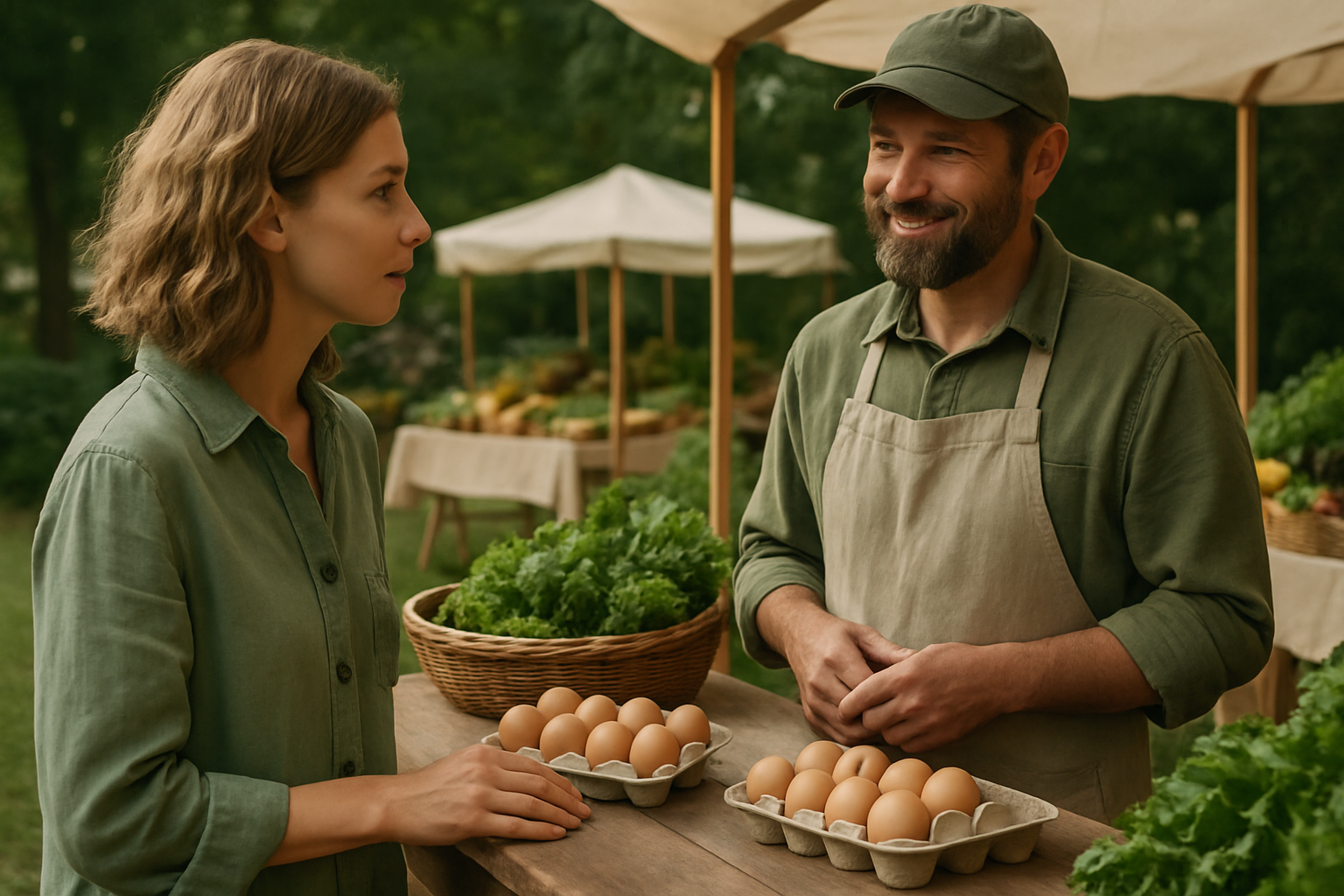 Farmer speaking with a customer at a market stall displaying cartons of eggs