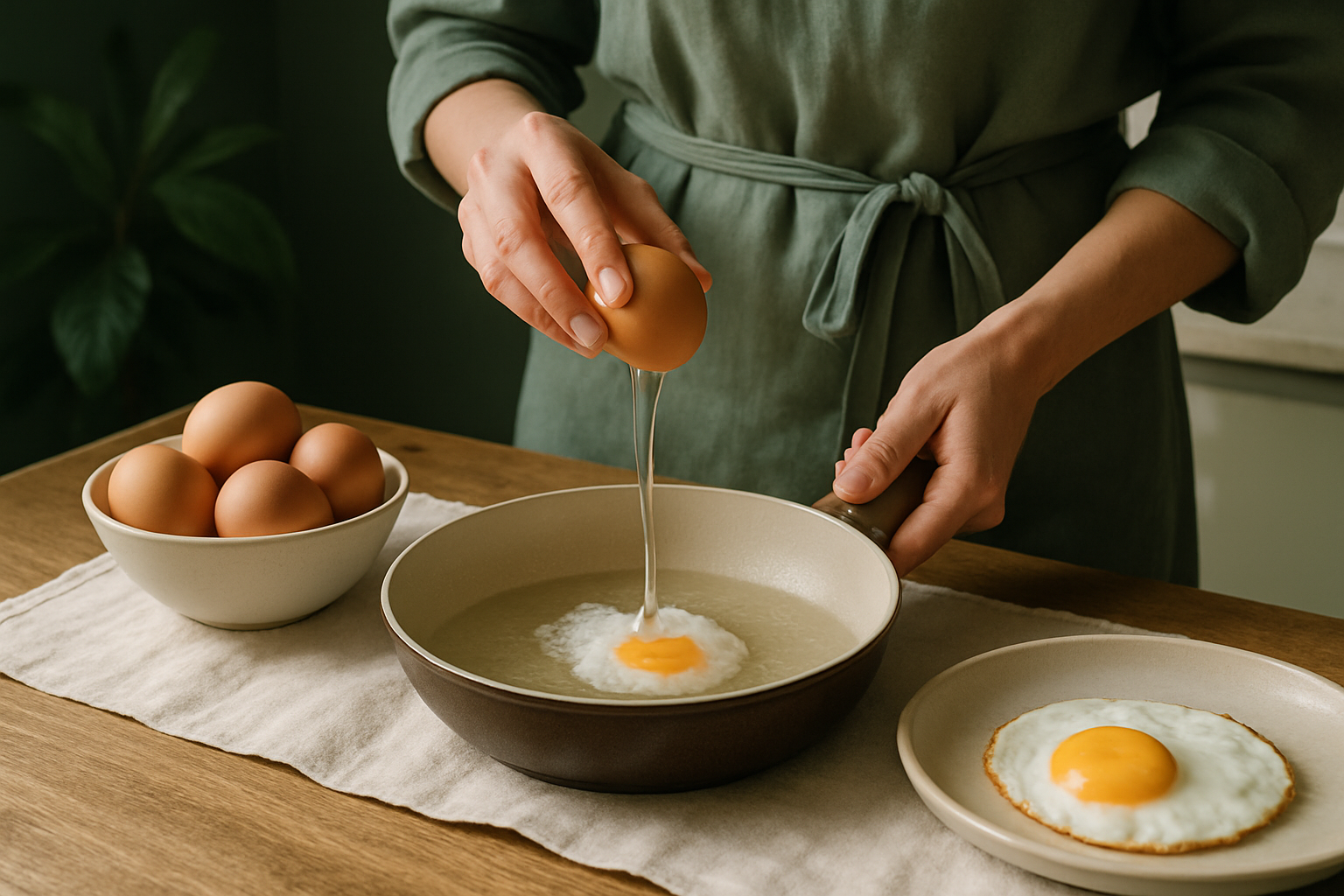A chef gently poaching an egg in a pan with steam rising