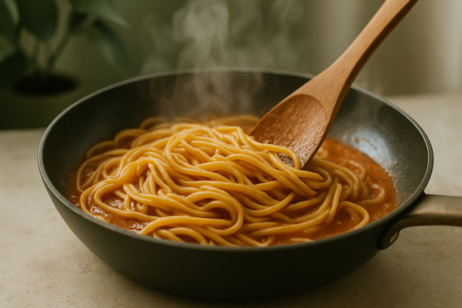 Pan with pasta tossed in sauce