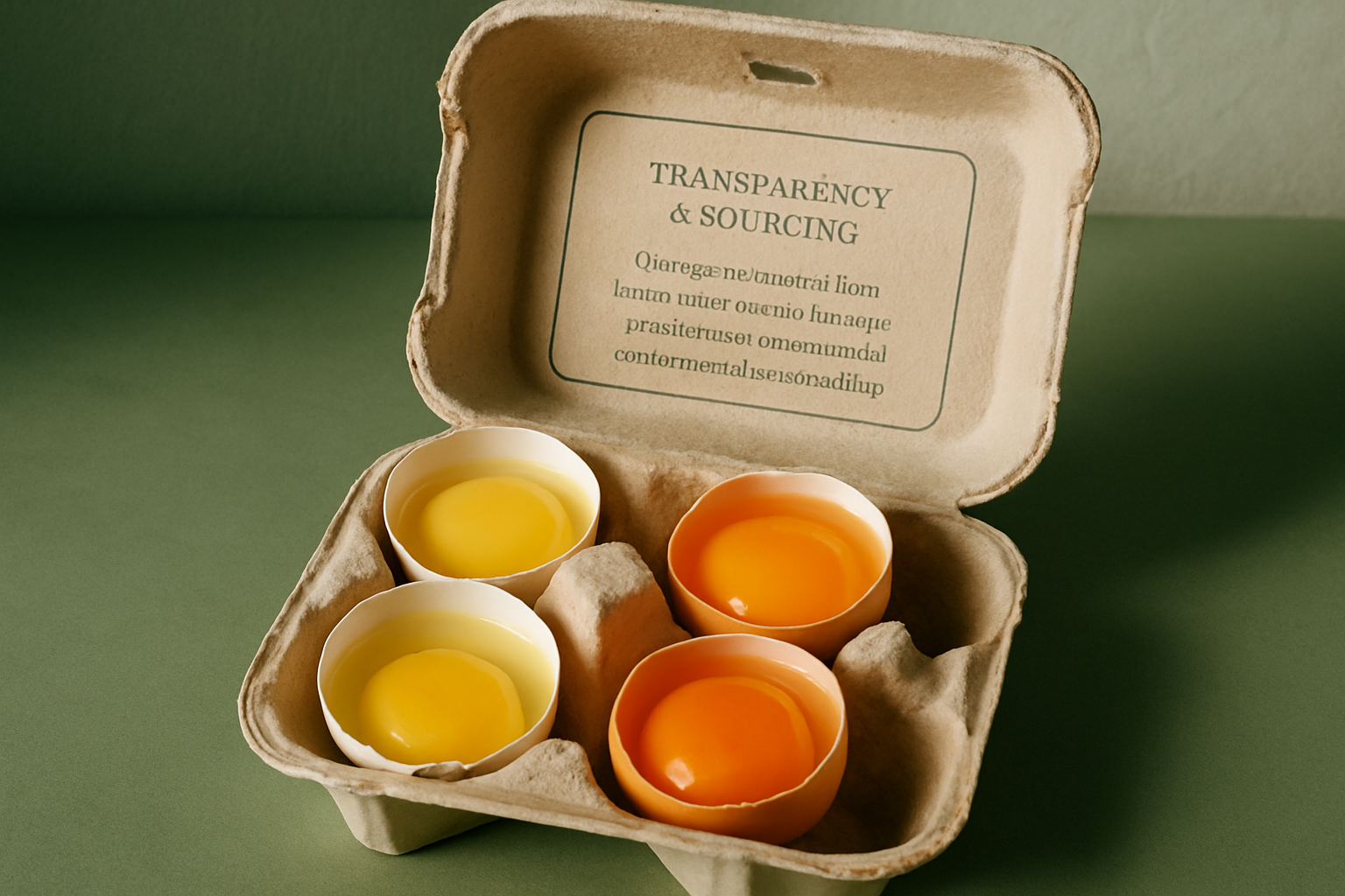 A carton of mixed eggs with varied yolk colors and a farm label